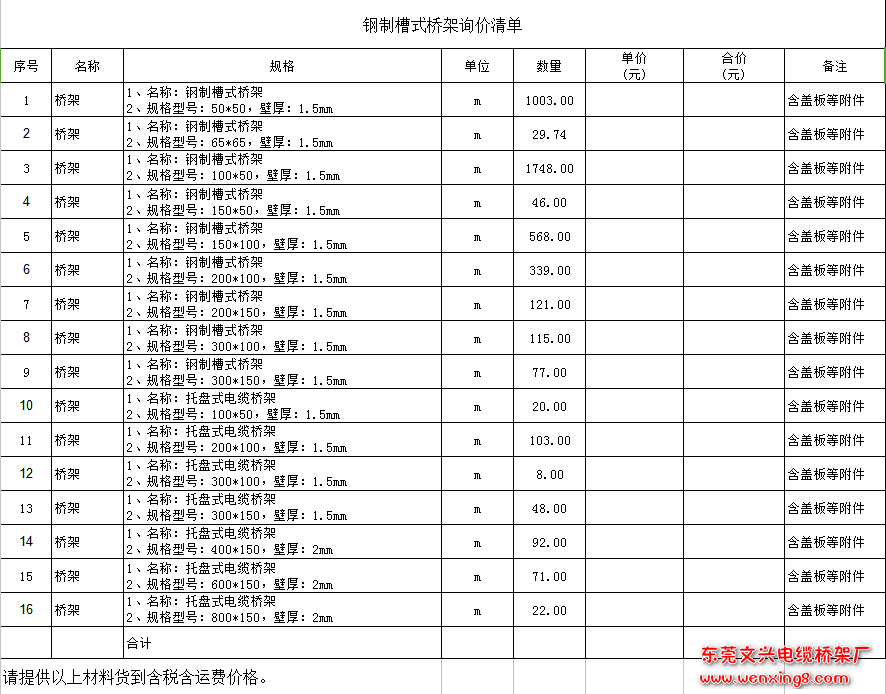 鋼制槽式橋架詢價清單